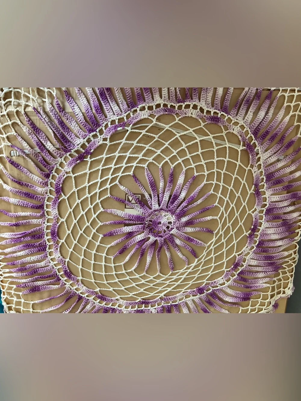 Handmade Purple and White Crochet Doily Accent large sunburst 30”